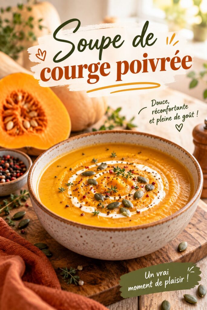 Soupe de courge poivrée dans un bol avec des herbes fraîches