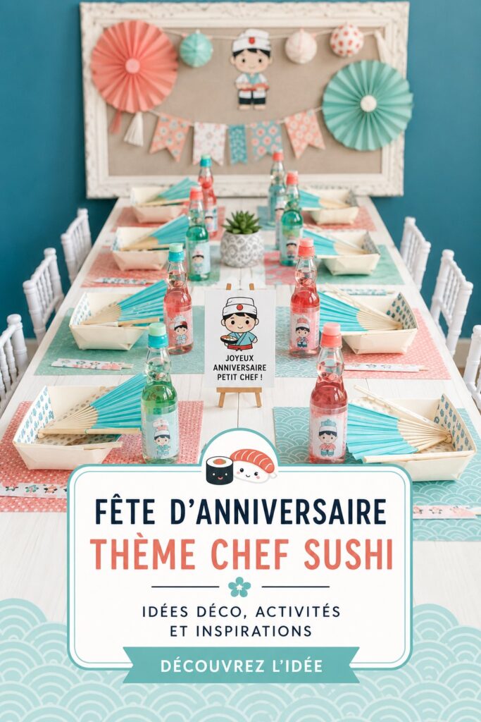 Une table décorée pour une fête d'anniversaire sur le thème du sushi, avec des plats colorés.