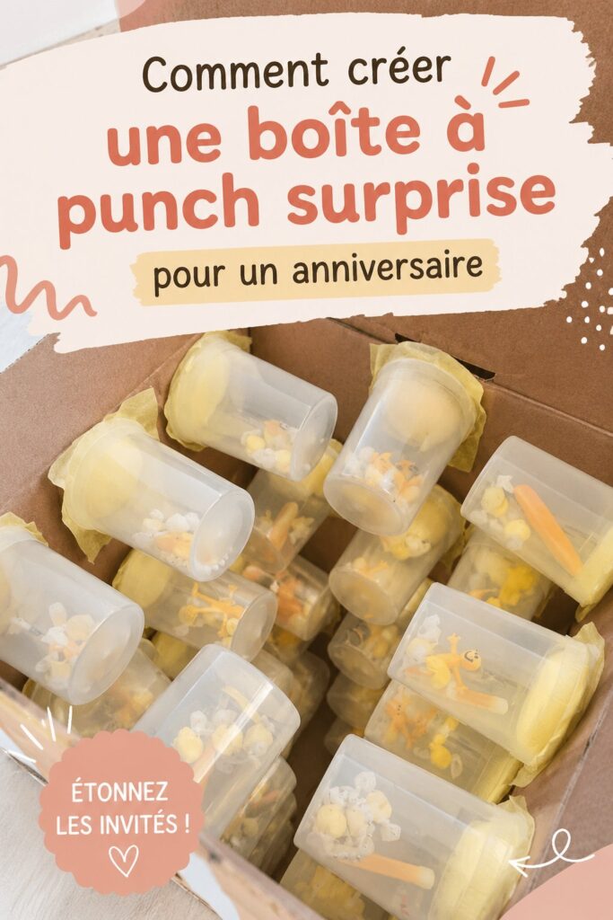 Boîte surprise colorée pour anniversaire d'un enfant, remplie de friandises et de jouets.