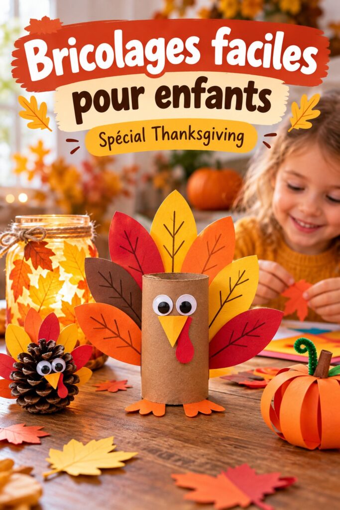 Enfants réalisant des bricolages colorés pour Thanksgiving.
