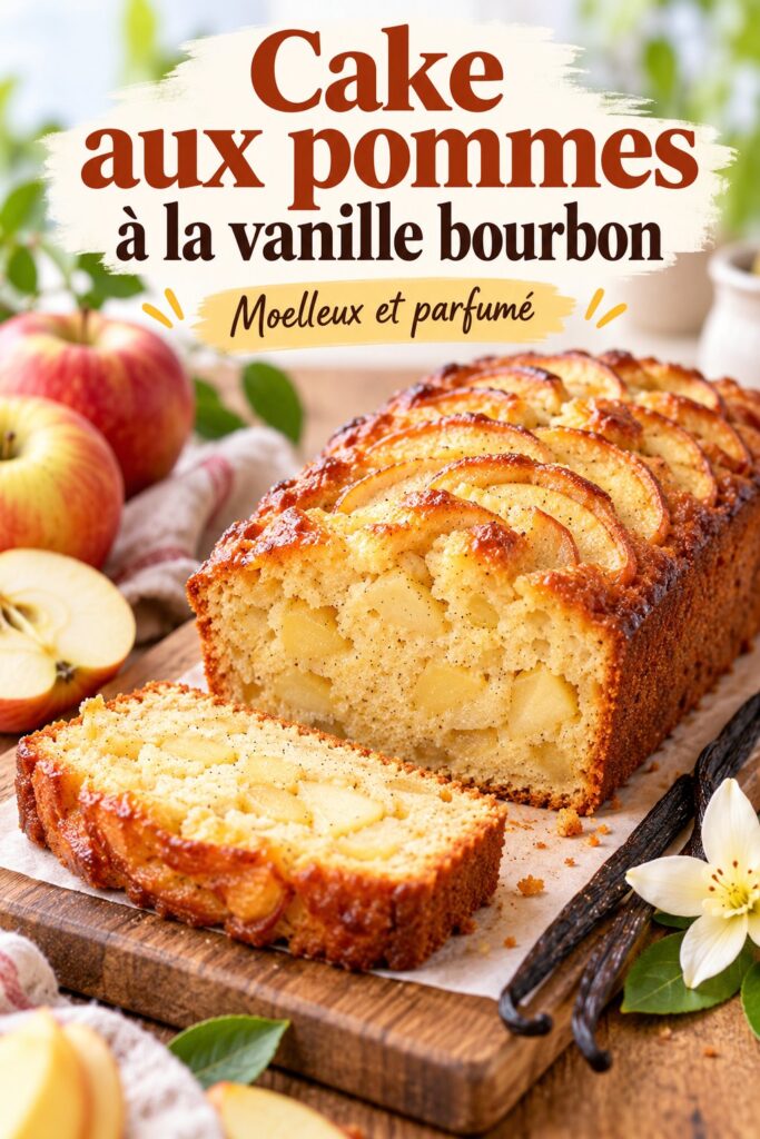 Cake aux pommes à la vanille bourbon présenté dans une assiette, décoré de tranches de pommes