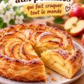 Gâteau feuilleté aux pommes sortant du four, doré et croustillant.