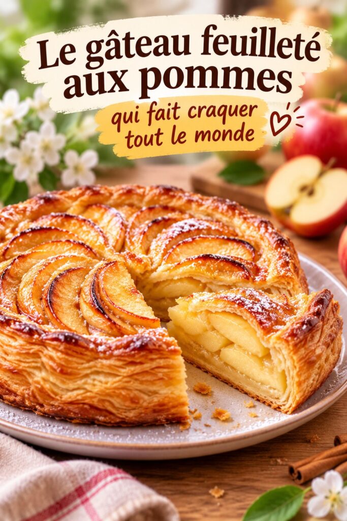 Gâteau feuilleté aux pommes sortant du four, doré et croustillant.