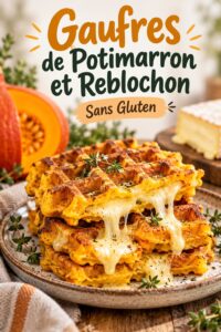 Gaufres de potimarron et reblochon dorées sur une assiette, avec des légumes en arrière-plan.