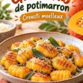 Une assiette de gnocchis de potimarron croustillants, garnis de feuilles de basilic frais.