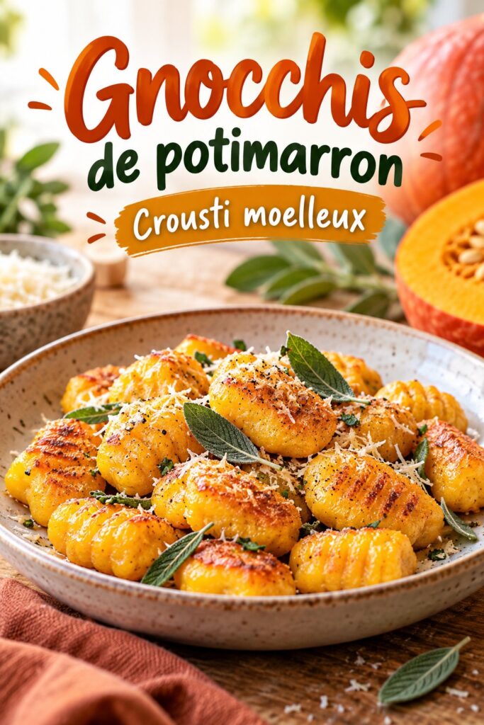 Une assiette de gnocchis de potimarron croustillants, garnis de feuilles de basilic frais.