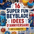 Une fête d'anniversaire sur le thème Beyblade avec des décorations colorées et des enfants jouant ensemble.