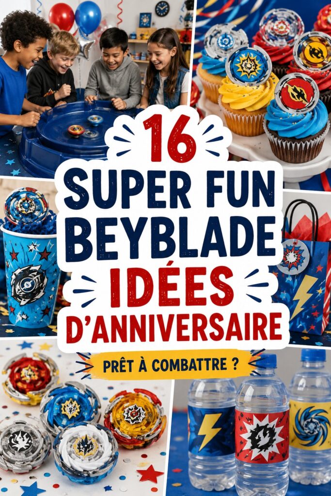 Une fête d'anniversaire sur le thème Beyblade avec des décorations colorées et des enfants jouant ensemble.