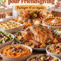 une table festive dressée pour un Friendsgiving avec plats appétissants