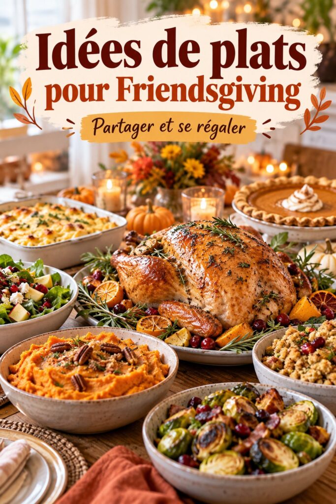 une table festive dressée pour un Friendsgiving avec plats appétissants