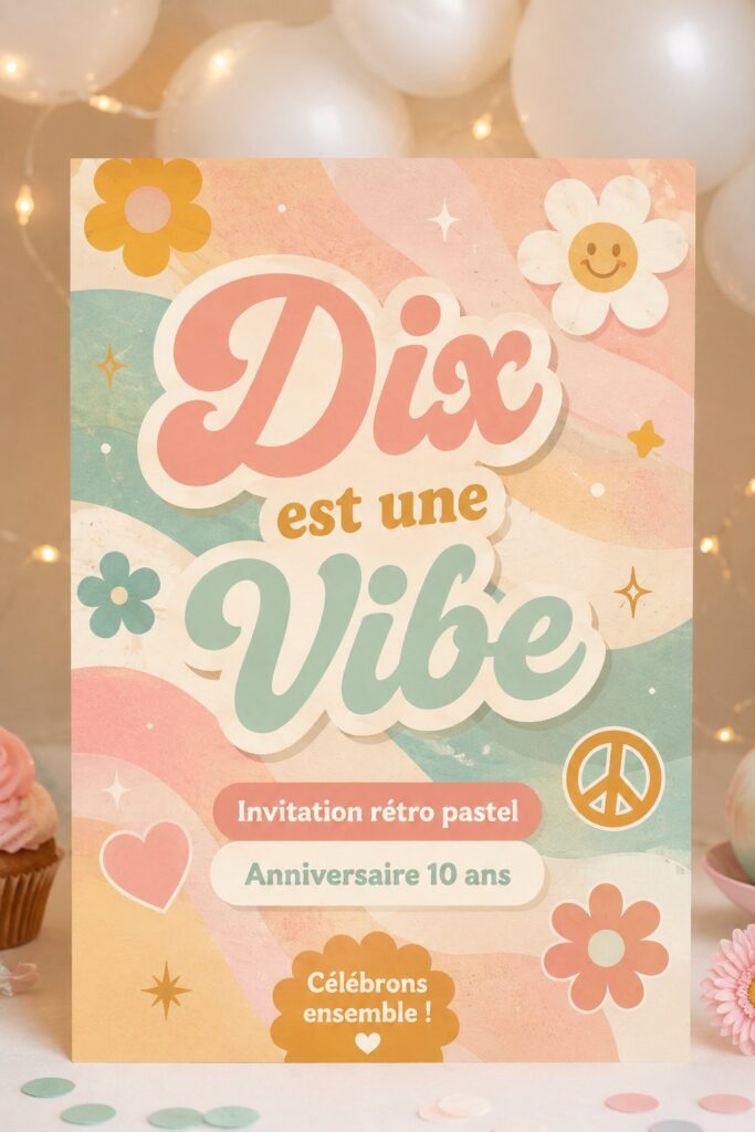 Invitation d'anniversaire colorée pour un 10ème anniversaire avec des motifs en pastel