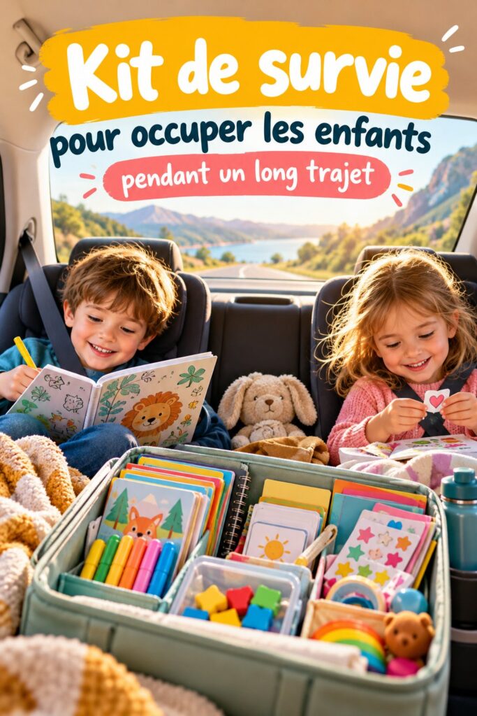 Kit de survie pour enfants rempli de jeux et d'activités pour les longs trajets en voiture.