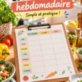 Menús hebdomadaires colorés pour lunchbox d'enfants avec diverses recettes équilibrées.