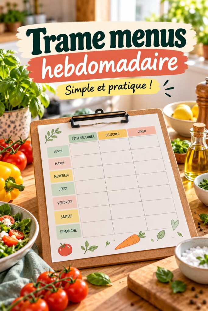 Menús hebdomadaires colorés pour lunchbox d'enfants avec diverses recettes équilibrées.