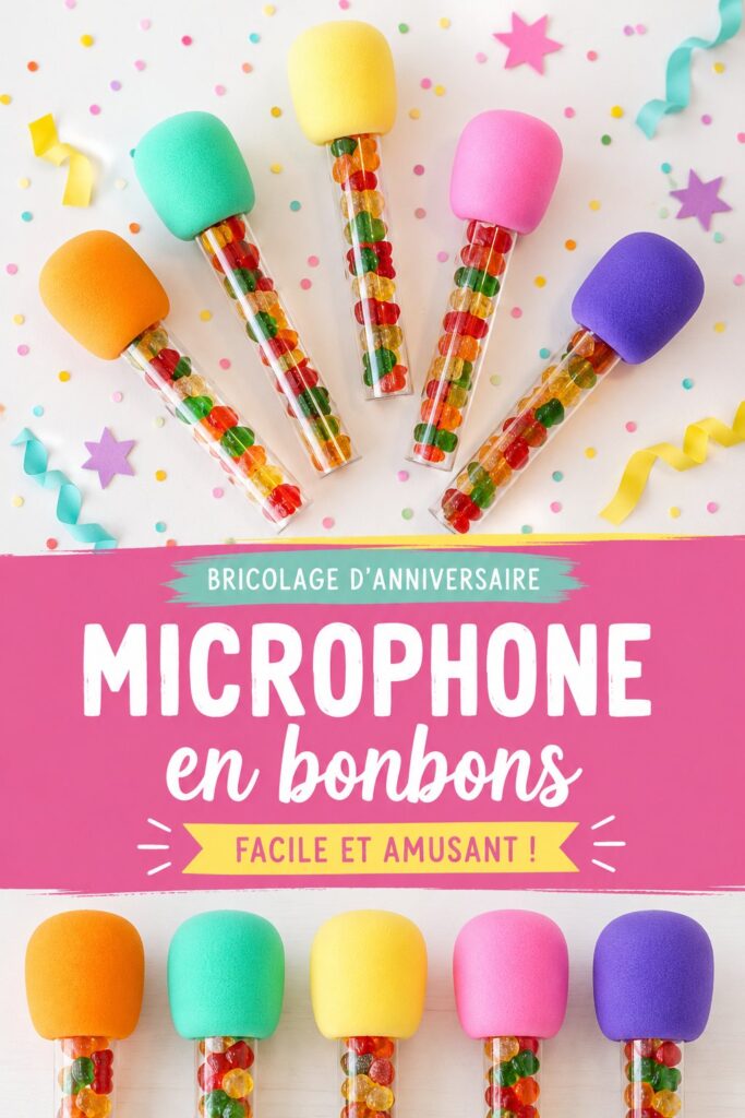Un anniversaire d'enfant avec des microphones en bonbons colorés sur la table
