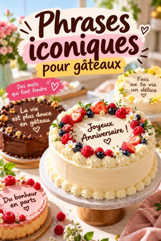 Gâteau décoré avec des phrases iconiques en écriture cursive