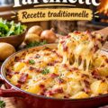 Une délicieuse tartiflette traditionnelle dans un plat en céramique, garnie de fromage