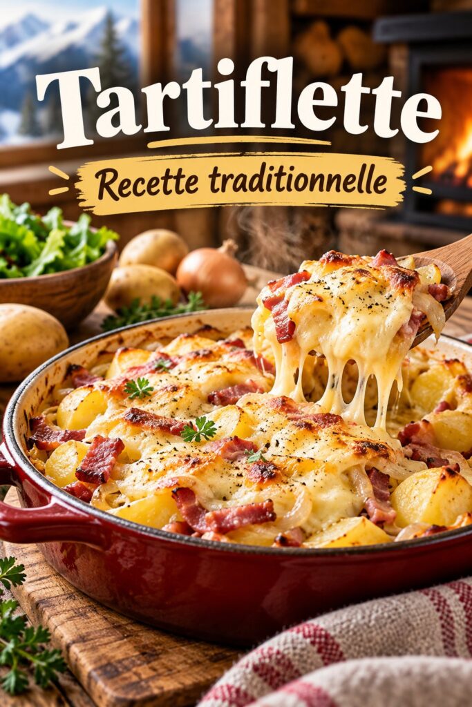 Une délicieuse tartiflette traditionnelle dans un plat en céramique, garnie de fromage