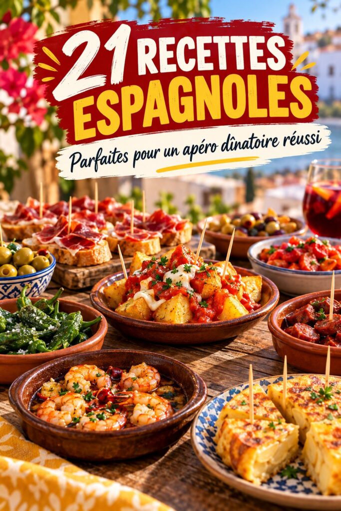 Un assortiment de tapas espagnoles colorées disposées sur une table pour un apéritif chaleureux.
