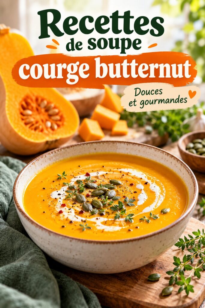 Soupe à la courge butternut servie dans un bol coloré, idéale pour les enfants
