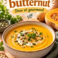 Un velouté de butternut crémeux dans un bol coloré, prêt à être dégusté par les enfants.