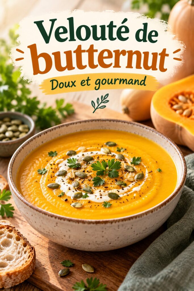 Un velouté de butternut crémeux dans un bol coloré, prêt à être dégusté par les enfants.